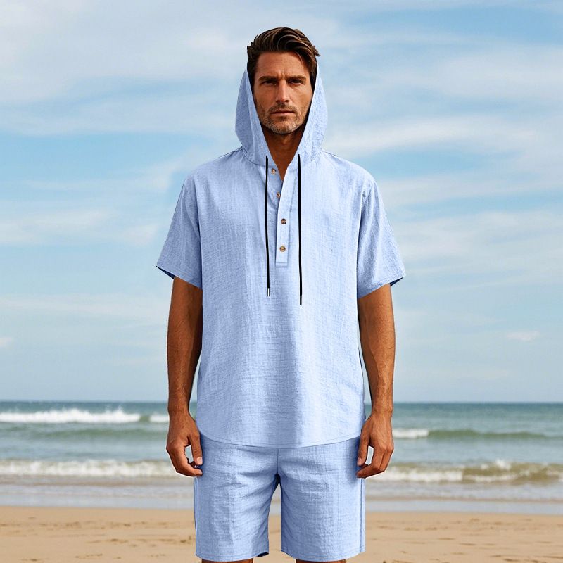 Completo da uomo in lino con camicia e pantaloncini - Completo casual estivo da spiaggia a maniche corte con vestibilità ampia_voghion.com