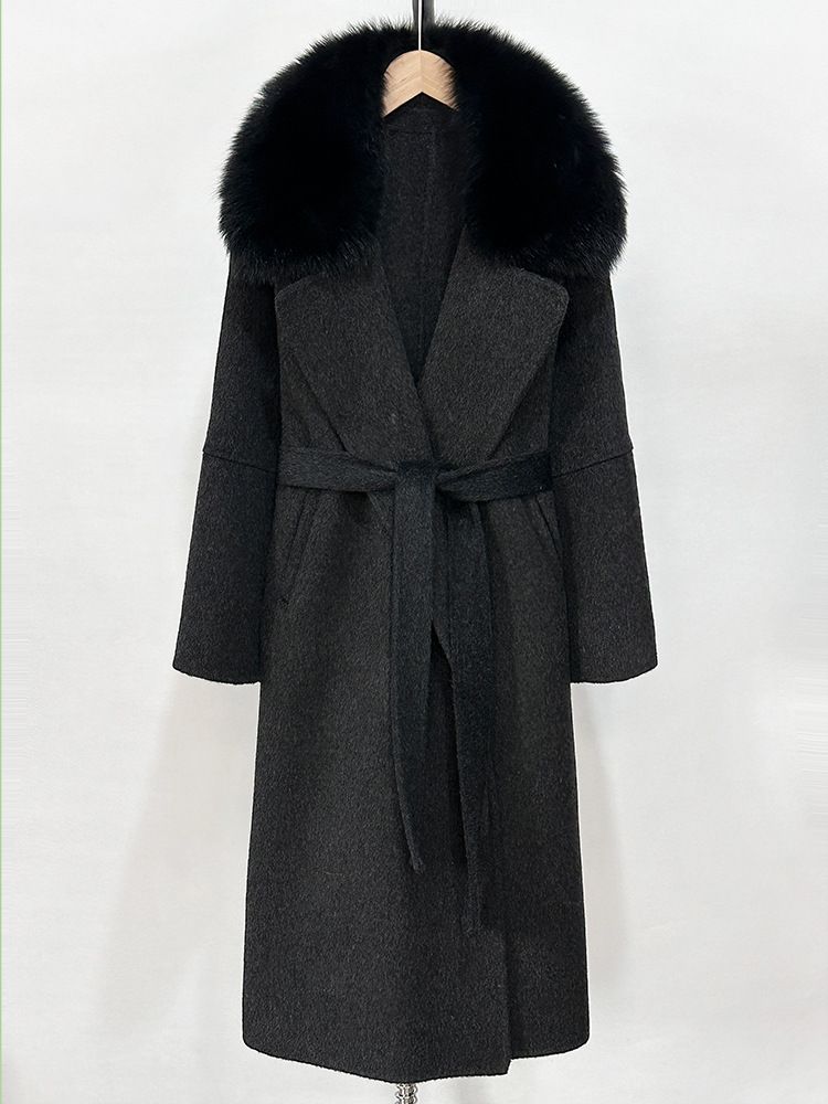 Elegant-Style Women's Wool Coat With Fox Fur Collar, Belted Double-Faced Long Tweed Coat_voghion.com