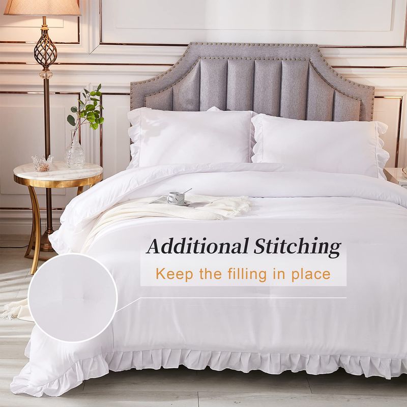 Set di piumoni traspiranti per letto matrimoniale, set di trapunte alternative in piumino per tutte le stagioni, set di tre pezzi con trapunta arricciata in tinta unita bianca_voghion.com
