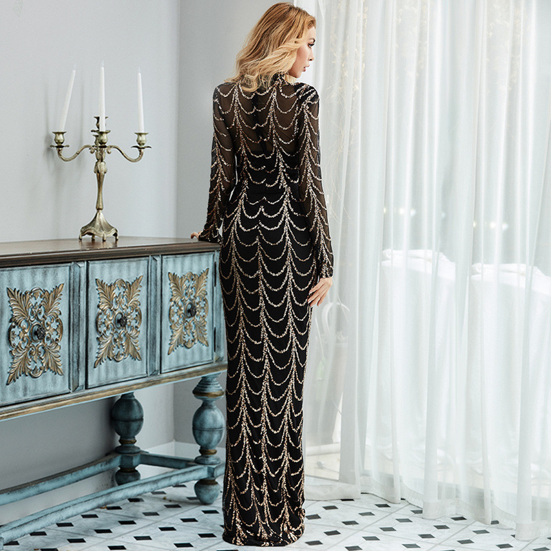 Damenbekleidung Langärmliges schwarzes Schleppkleid Sexy Perspektive gestreiftes langes Abendkleid mit Pailletten_voghion.com