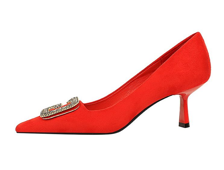 6183-K21 Stile Banchetto Tacco Alto Scamosciato Testa Quadrata Piccola Metallo Acqua Diamante Fibbia a Forma di G Primavera E Autunno Donna_voghion.com