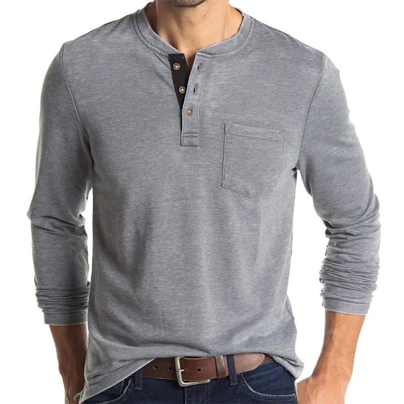 Henley-T-Shirts für Herren mit Knopfleiste, langen Ärmeln und Tasche, entspannte Passform, 100 % schwere Baumwolle_voghion.com