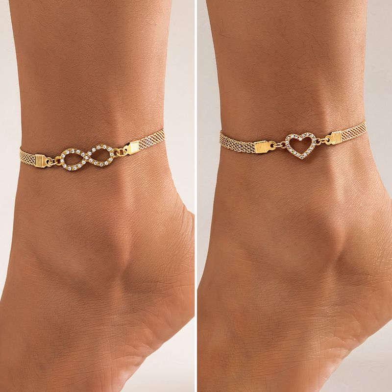 Lässiges Strand-Fußkettchen mit diamantbesetztem Herz und 8-stelligem Unendlichkeitssymbol, einfache geometrische Metallkette_voghion.com