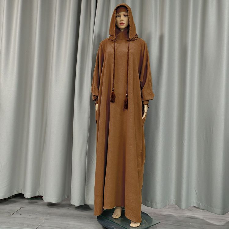 Dameskleding Midden-Oosten Dubai Effen Kleur Capuchon Hoofddoek Lange Jurk_voghion.com