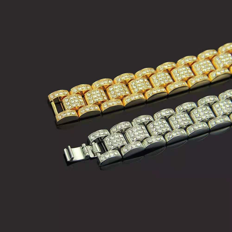 Zegarek na bransoletce dla mężczyzn Iced Out Clock Hip Hop Duży łańcuch Złoty zegarek na rękę Rhinestone Bling Męski zestaw prezentowy Religio Masculino_voghion.com