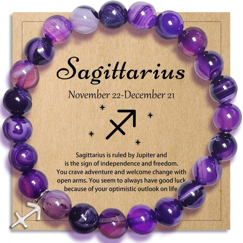 Bracciale con ciondolo zodiacale in acciaio inossidabile con perline di agata viola da 8 mm e cordino elastico - Bracciale astrologico regolabile fatto a mano per uomo e donna_voghion.com