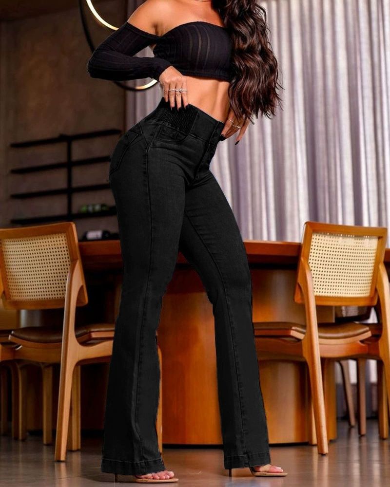 Damenbekleidung Elastische Taille Hohe Taille Elastische Strumpfhose Leicht ausgestellte, hüfthebende Jeanshose_voghion.com