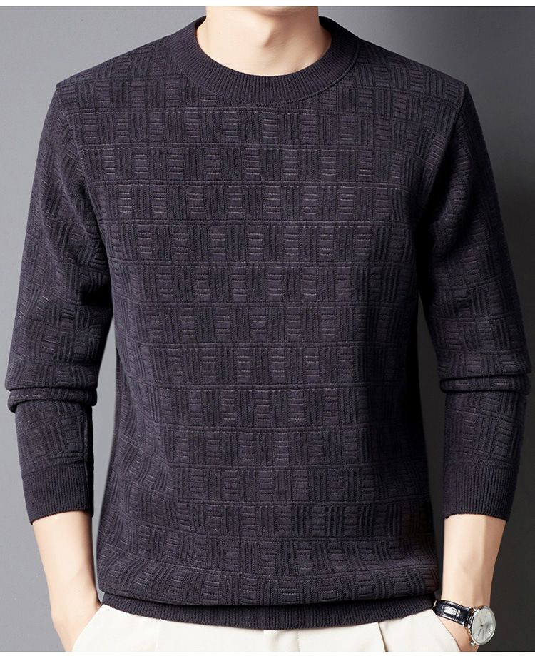 Herrenbekleidung Winterpullover für Herren Plus Samt Verdickter Jacquard-Karos All-in-One-Samt Warmes Oberteil Einfarbiger Rundhalspullover_voghion.com