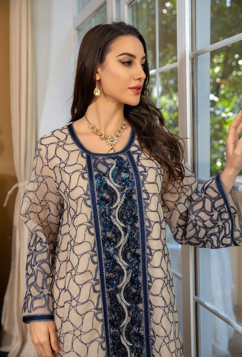 Women's Clothing Muslim Sequin Embroidery Fashion Mesh Embroidery Dress Jalabiya Robe Dubai Robe_voghion.com