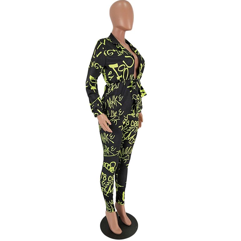 Conjunto feminino de duas peças com estampa de letras, blazer de manga comprida e calça lápis, roupa elegante para escritório, poliéster elástico, P/M/G/GG (laranja)_voghion.com