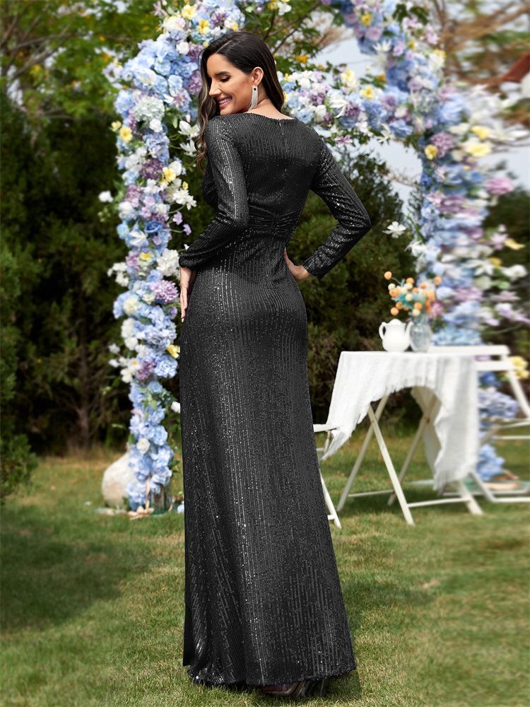 Abito da sera a sirena con scollo a V e maniche lunghe da donna_voghion.com