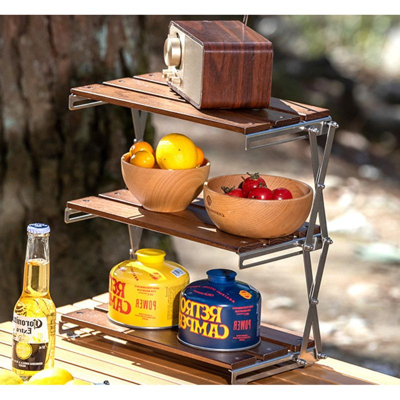 Outdoor portable three-layer easy to carry, foldable picnic, no installation camping solid wood storage rack_voghion.com