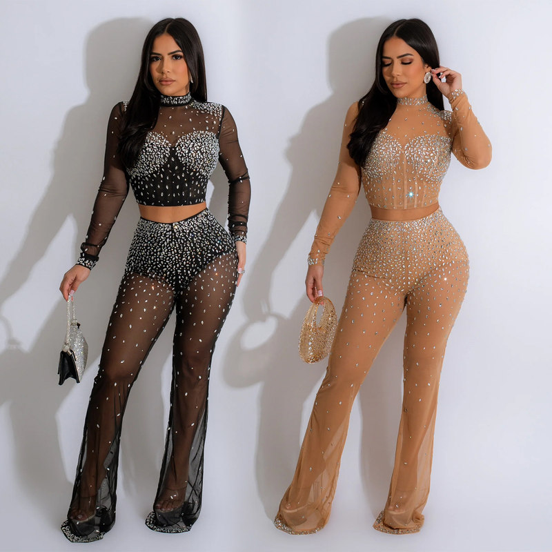 Conjunto de duas peças de calças de manga comprida de diamante quente de malha de cor sólida feminina_voghion.com