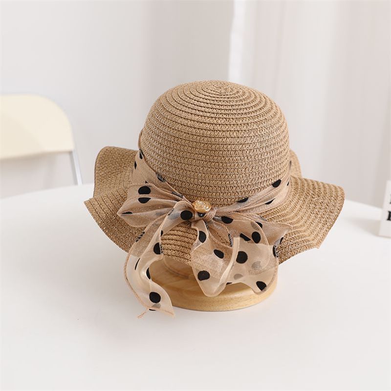 Nuovo set di cappelli e borse parasole con fiocco coreano a pois e onde di paglia per bambini, dolce e carino_voghion.com