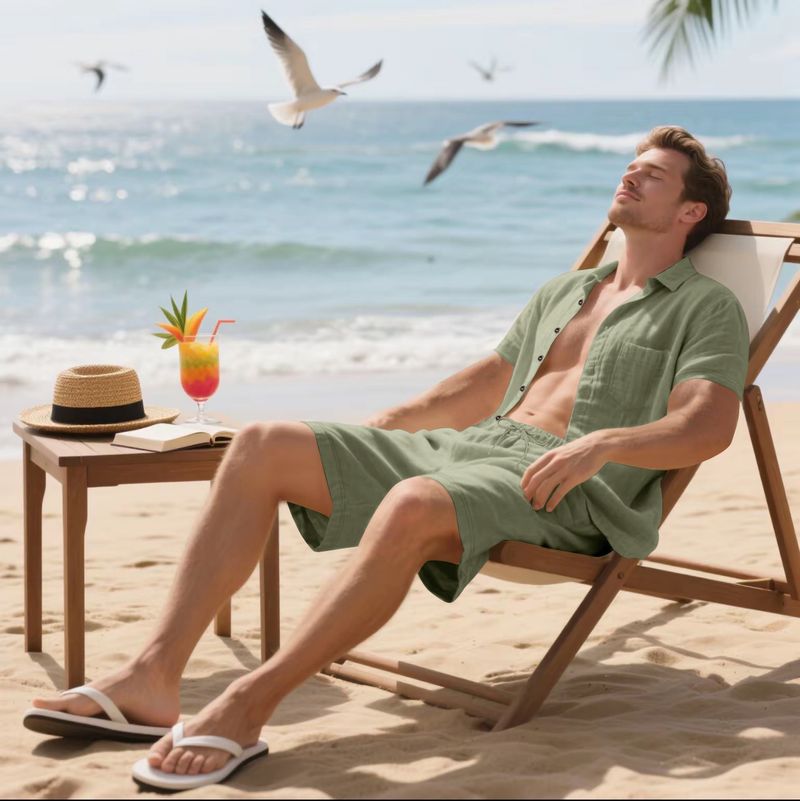 Camicia da spiaggia casual traspirante a maniche corte con colletto rovesciato, tinta unita, da uomo, estiva, in lino_voghion.com