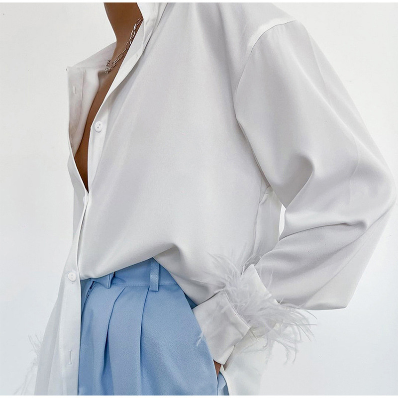 Abbigliamento da donna estate nuova moda casual versatile camicia in capelli di struzzo con cuciture in piume di seta ghiaccio per donna_voghion.com