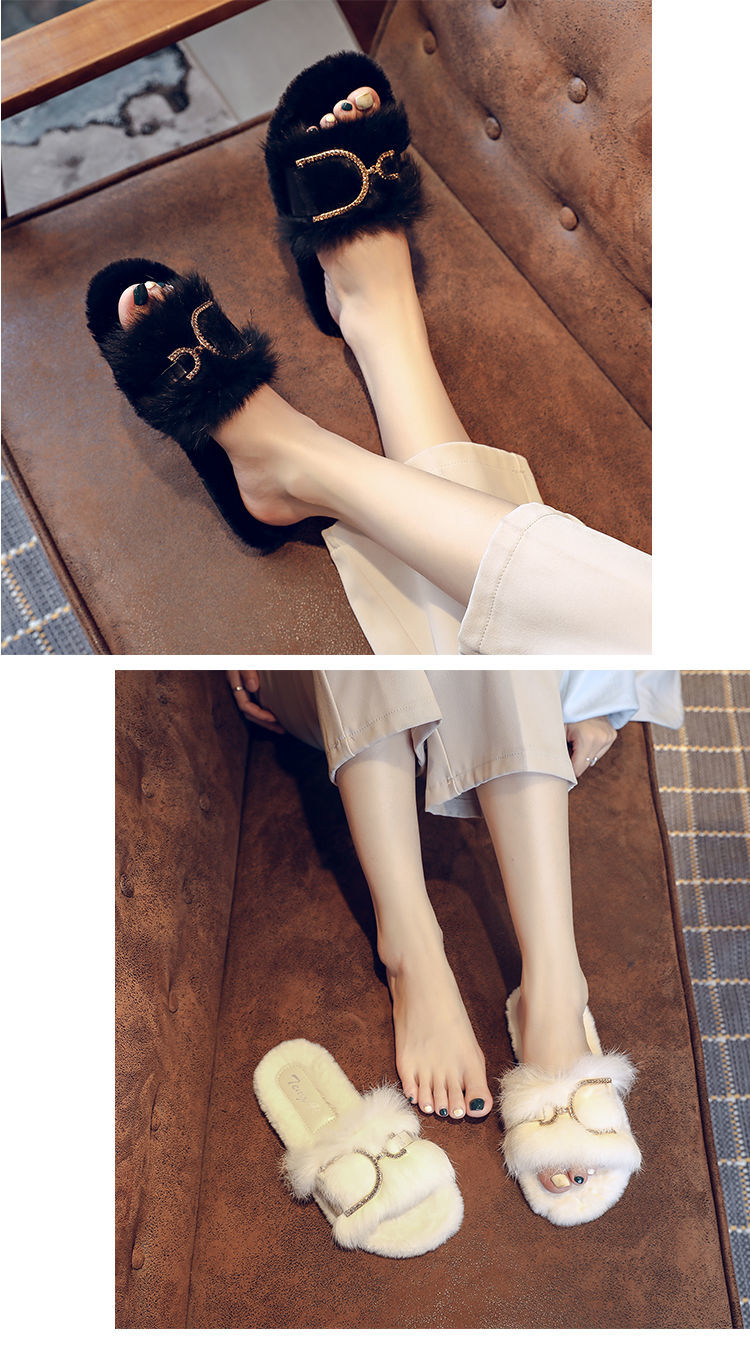 True Rabbit Hair For Female Outwear 2024 Spring And Autumn New Internet Celebrity Fairy Home Flat Bottom Cotton Slippers_voghion.com
