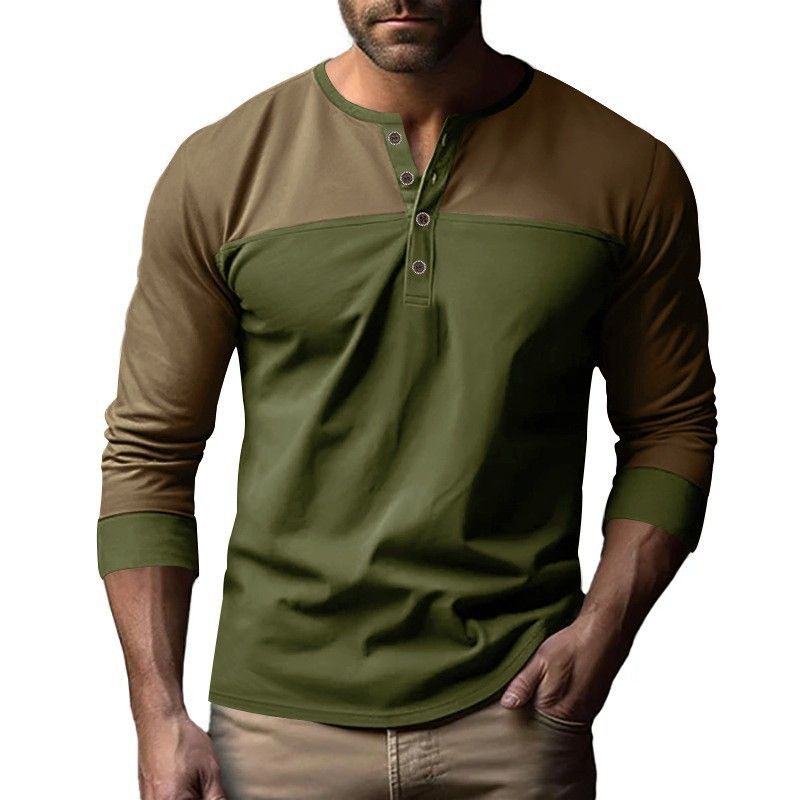 Herren-Retro-T-Shirt mit Henley-Kragen – Zweifarbiges, atmungsaktives Langarmshirt aus Polyester-Mischgewebe (S-XXXL)_voghion.com