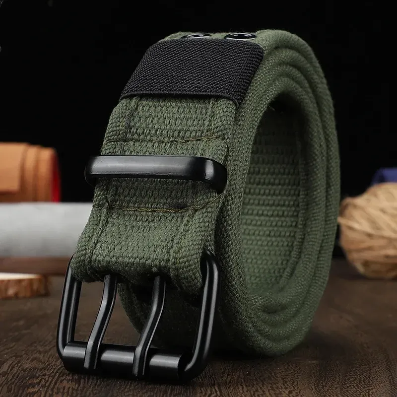 Mens And Womens Double Button Canvas Waistband Work Style Full Hole Needle Buckle Belt Sturdy Durable Jeans For Student_voghion.com