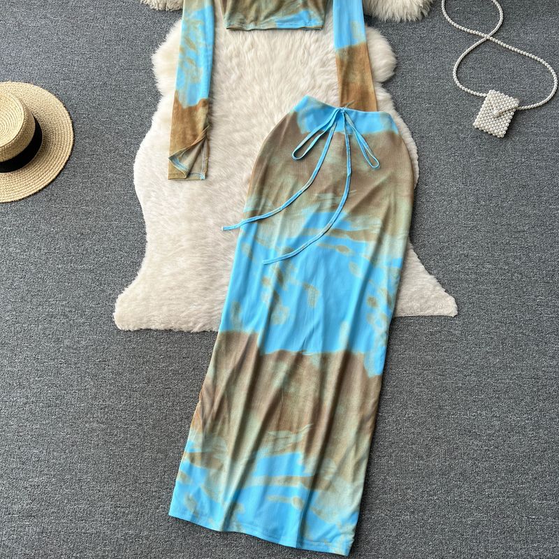 Roupas femininas estilo férias puro desejo menina quente terno feminino manga longa top curto tie dye design fenda quadril saia longa terno de duas peças_voghion.com