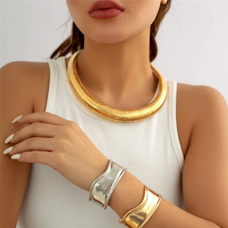 Gypsy Exaggerated Heavy Metal Twisted Torques Choker Necklace for Women Spiral Big Chunky Chain Grunge Jewelry Steampunk_voghion.com