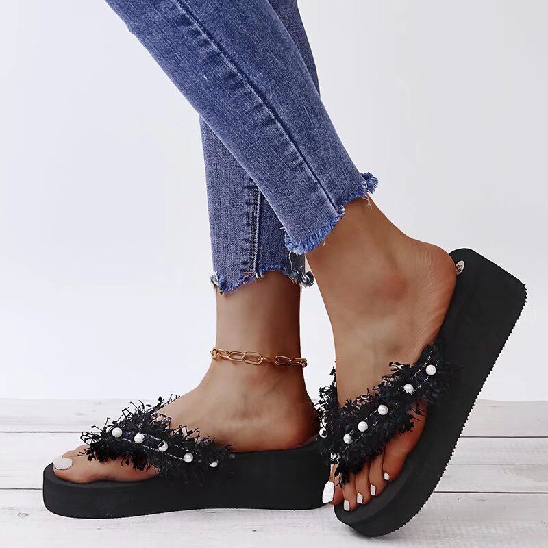 Boho Pearl Flip Flops – Flache Sandalen mit Quaste für Damen (Schwarz/Khaki)_voghion.com