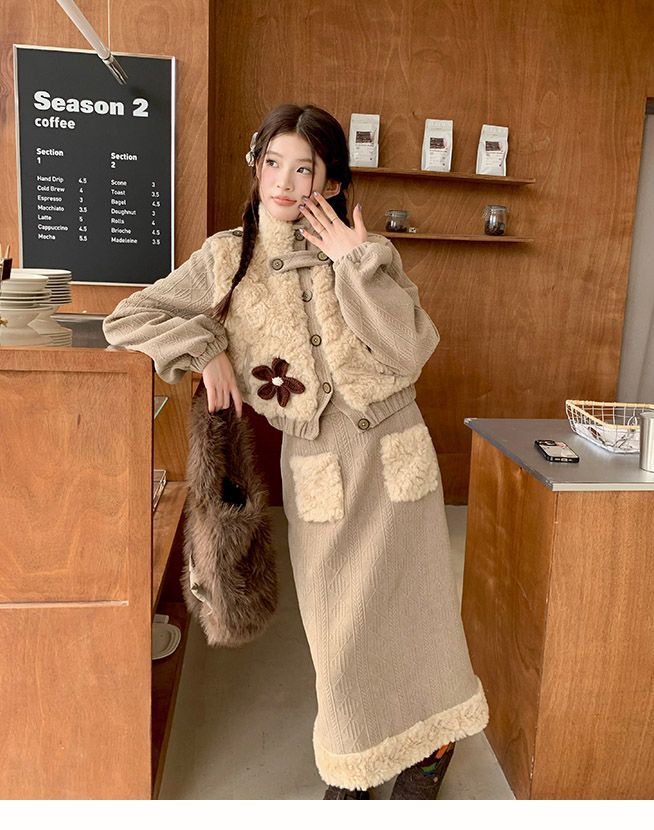 Giacca patchwork in stile di nicchia unico, gonna versatile alla moda, donna autunno inverno 2024, nuovo outfit alla moda_voghion.com