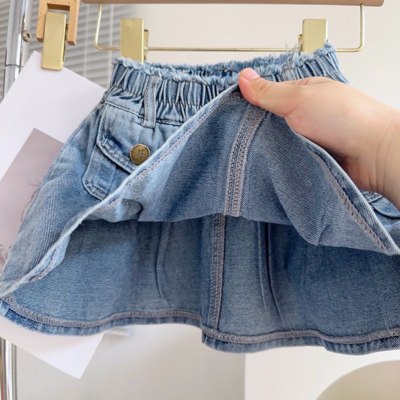 Kids’ Clothing Girls Summer New Denim Suit Girls Sleeveless Raw Edge Jacket Pleated Skirt Fashionable Two Piece Suit_voghion.com