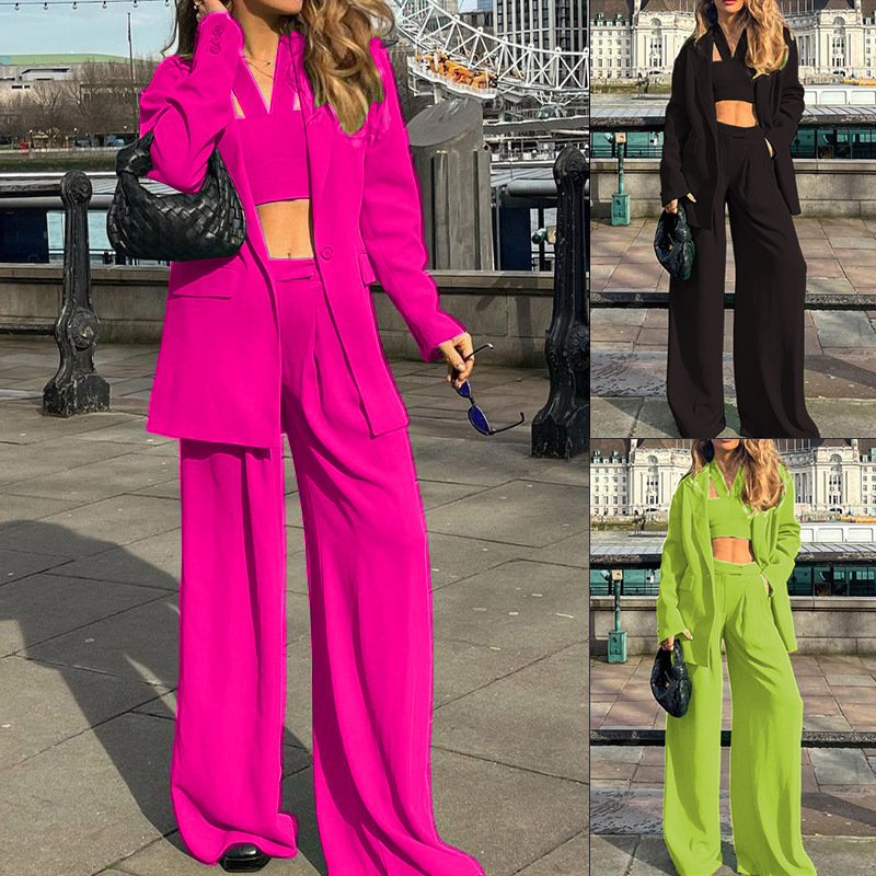 Kadın Moda Mizaç Uzun kollu Blazer Rahat Pantolon Takım Elbise Üç Parçalı Set_voghion.com