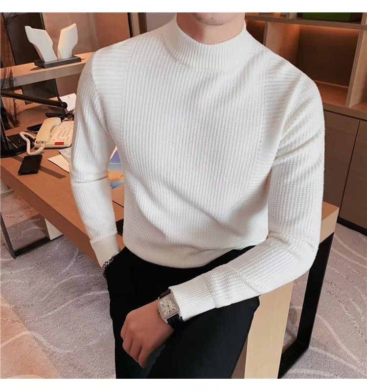 Herrenbekleidung Herren-Basispullover Frühling und Herbst neuer Slim Fit-Pullover mit mittlerem Halsausschnitt im koreanischen Stil mit halbhohem Kragen_voghion.com