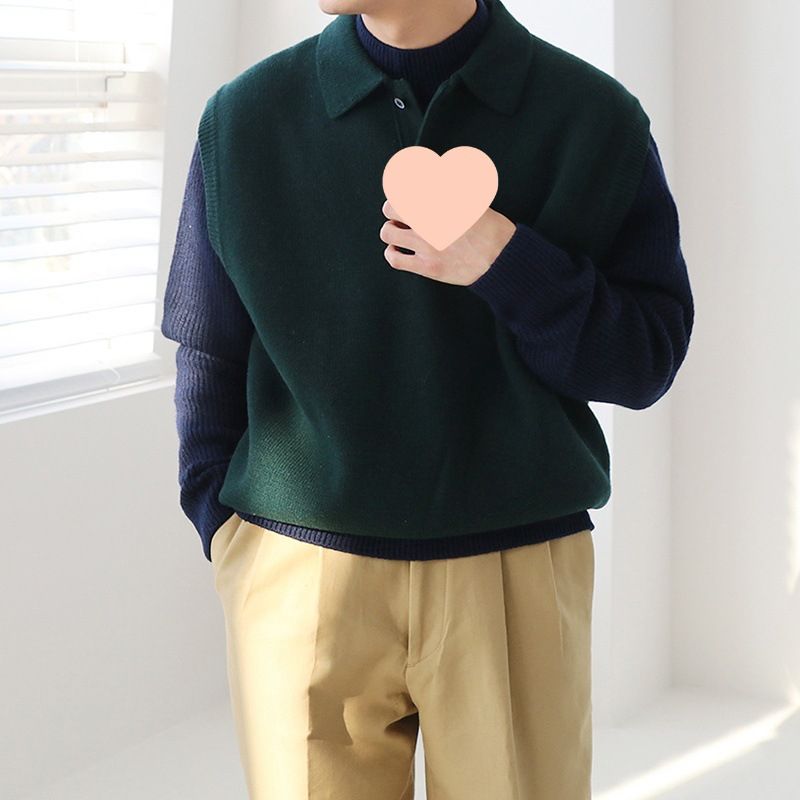 Frühlings-ärmelloser Umlegekragenpullover für Herren, lockerer koreanischer Stil, trendige, vielseitige Strickweste, Weste_voghion.com