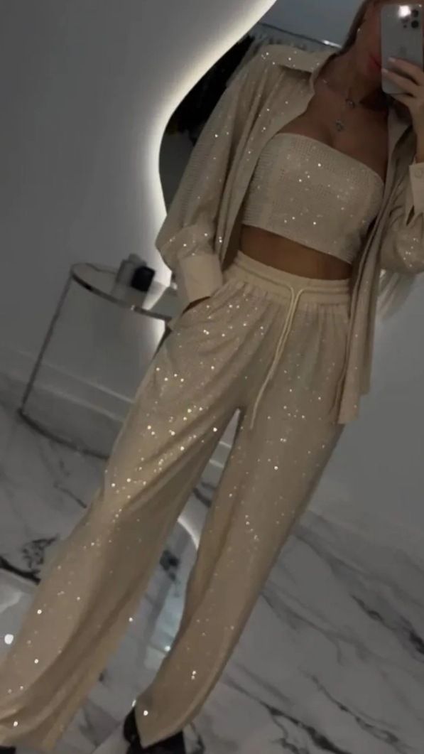 Luxury Trendy Sexy Sequin Long Sleeve Shirt Women 3 Pieces Set Shiny Wide Leg Pants Outfits Party Lady Gown Vacation Pant Suit_voghion.com