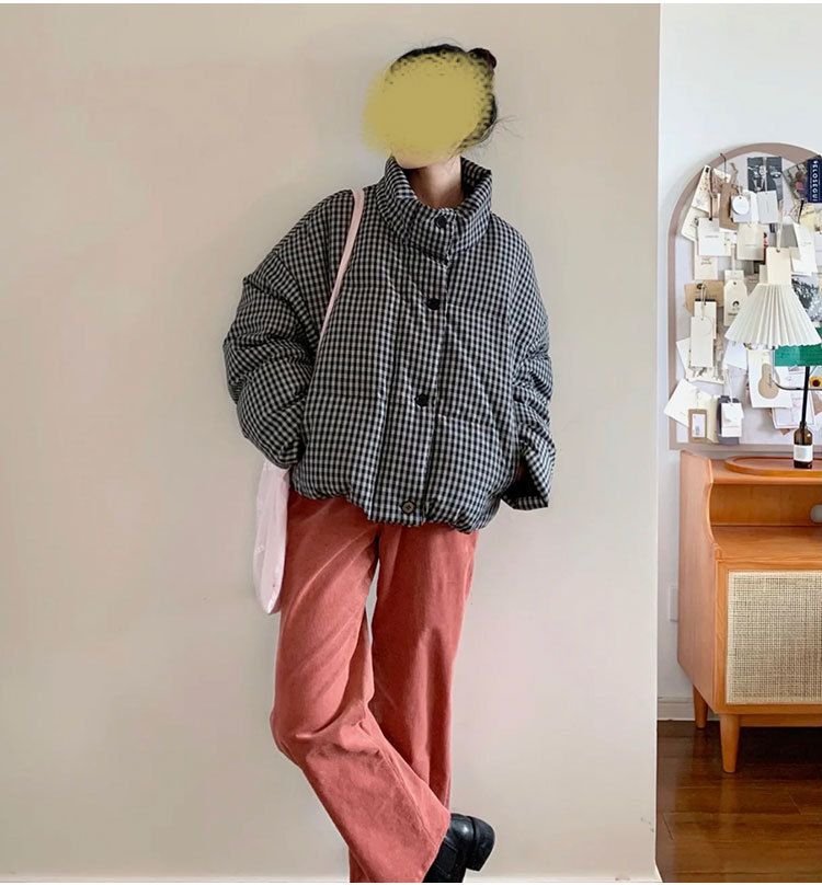 Women's Short Puffer Jacket With Houndstooth Pattern, Thickened Down Coat, Stand Collar, Oversized Fit, White Duck Feather Filling_voghion.com