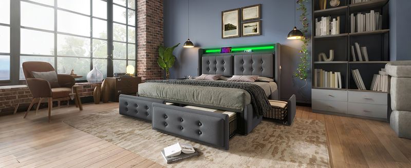 Lit double 140 x 200 cm avec tête de lit LED, chargement USB-C, 4 tiroirs, cadre de lit avec lattes en bois et structure en métal, charge maximale 300 kg, gris, tissu coton (matelas inclus)._voghion.com