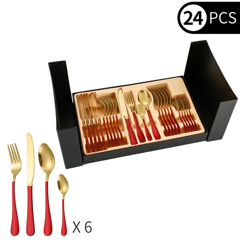 Edelstahl 1010 Geschirr 24-teiliges Set Western Geschirr 6 Personen Doppelseitige Craft Box Steak Messer Gabel und Löffel_voghion.com