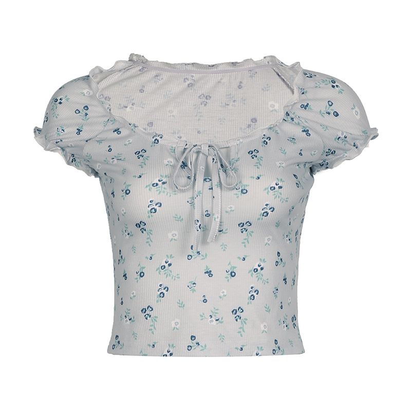 Maglietta a maniche corte in maglia sexy con pizzo cavo, stile romantico francese, per le vacanze, desiderio puro, con bordo orecchio a forma di fiore frammentato_voghion.com