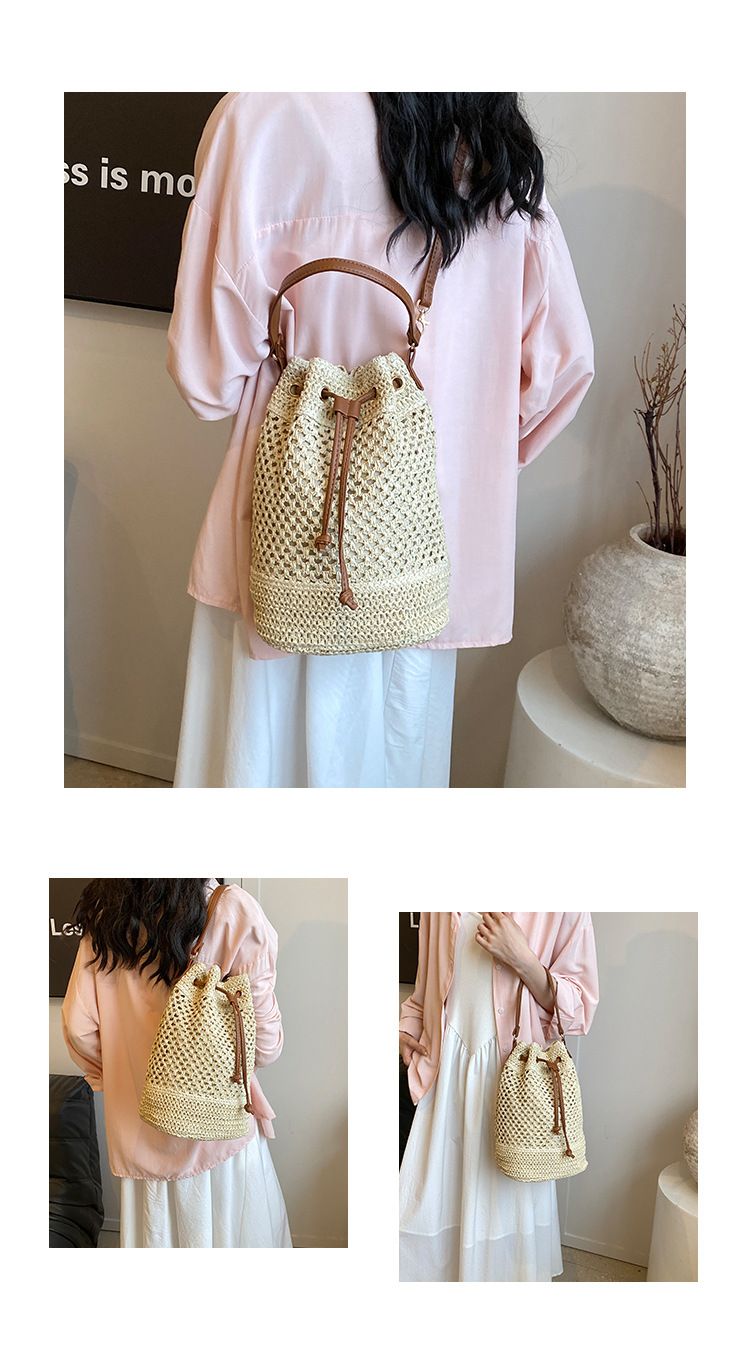Borsa a secchiello da donna, borsa intrecciata, borsa a secchiello alla moda da donna, borsa di paglia, borsa da spiaggia, borsa a tracolla_voghion.com