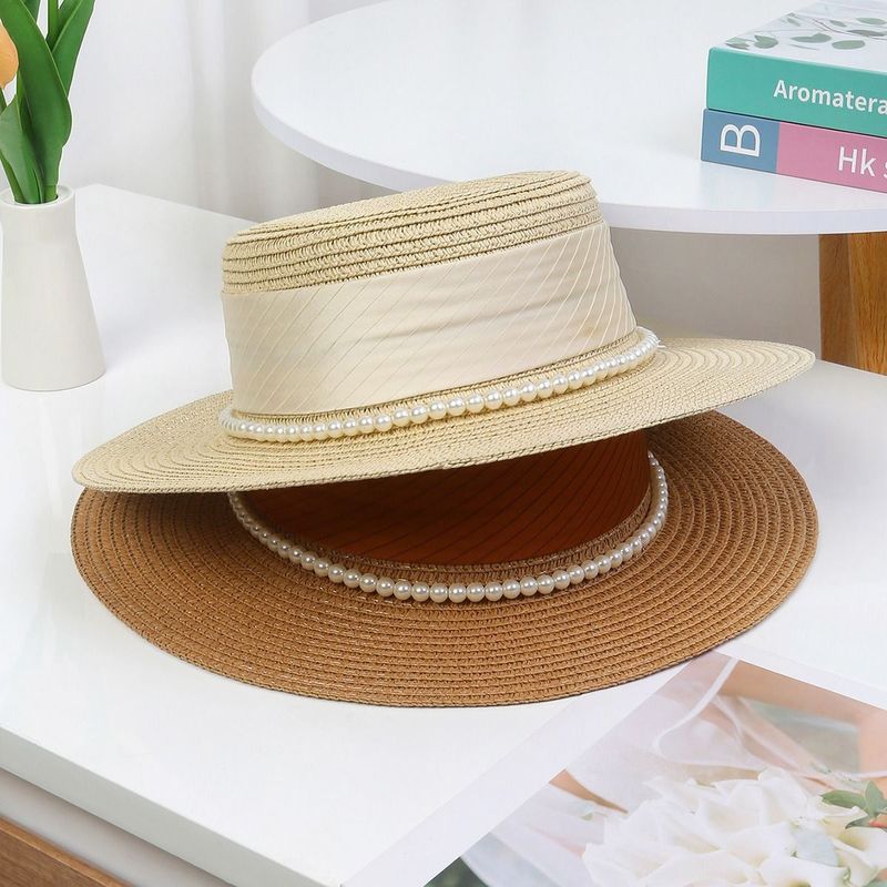 Cappello di paglia francese retrò, cappello a cilindro piatto da celebrità, estivo, nuovo, da donna, da viaggio, protezione solare, cappello da sole a tesa larga e traspirante_voghion.com