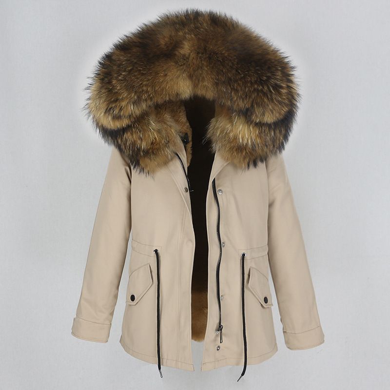 Damenbekleidung Parka im neuen Stil mit verdicktem Kunstpelzfutter, abnehmbarem echtem Waschbärpelz, großer Pelzkragenjacke, Pelzmantel_voghion.com