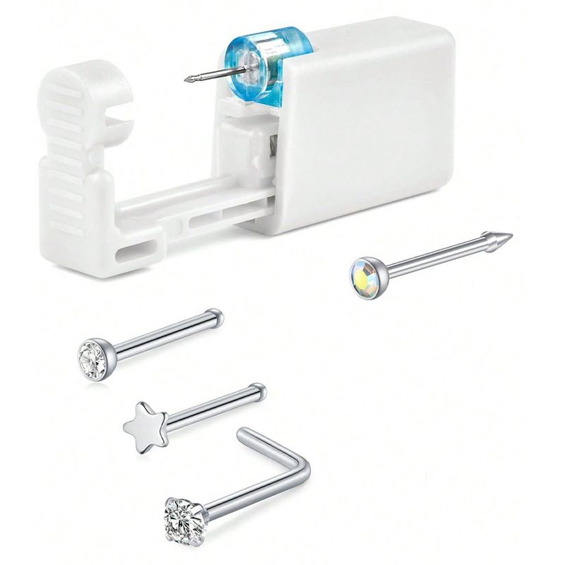4Pcs Nose Piercing Kit With Nose Stud, 1 Nose Piercing Gun, Disposable Nose Piercing Kit With Straight L-Shape Nose Rings Stud_voghion.com
