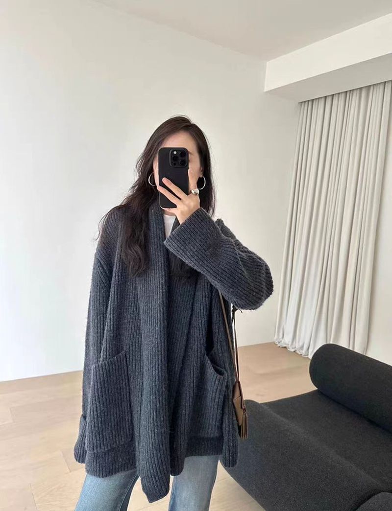 Luie, zachtaardige temperament, halflange sjaalkraagjas voor dames, 2024 herfst en winter losse pasvorm afslankend breisel_voghion.com
