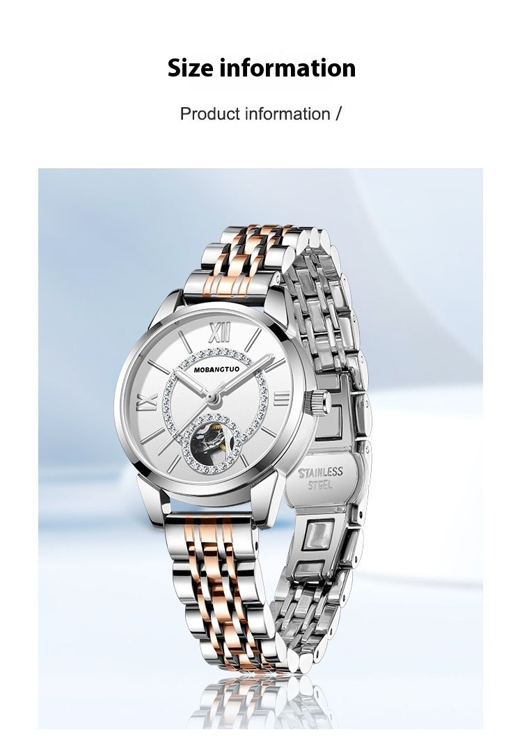 Ceas mecanic de damă, complet automat, la modă, cu incrustații de diamante, cu mecanism modern, culoare goală, curea din oțel impermeabilă_voghion.com