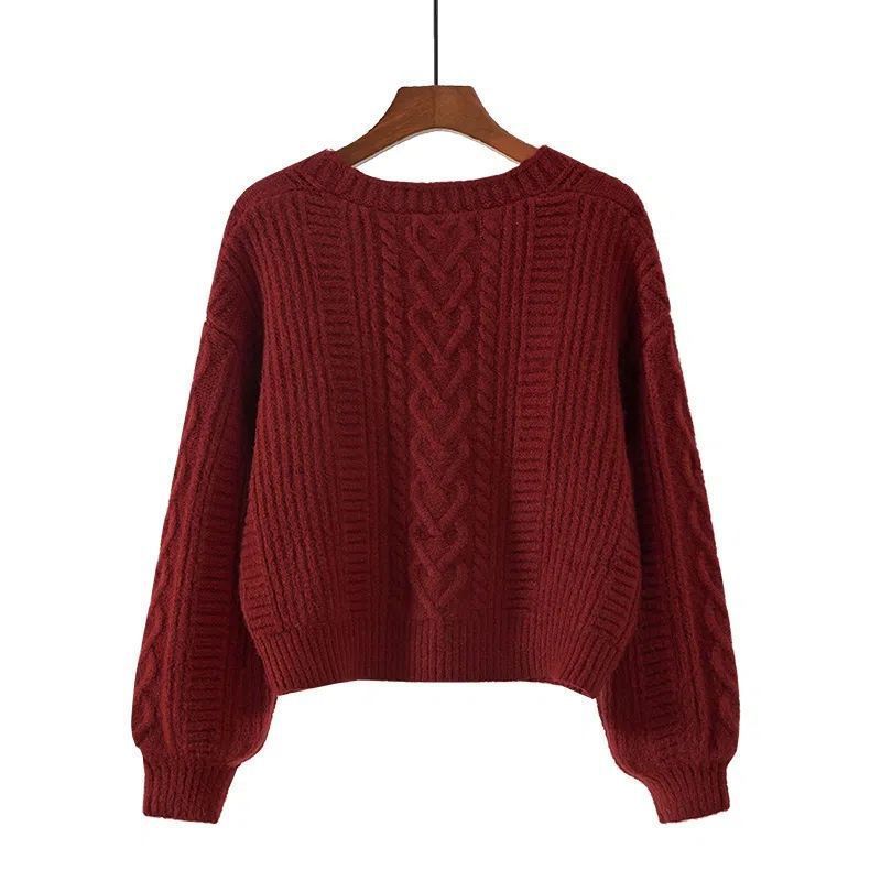 Cardigan en maille torsadée à col en V pour femme – Pull oversize doux et confortable (Camel/Blanc/Rouge, taille unique)_voghion.com