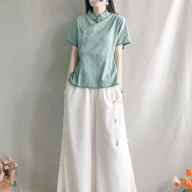Colleziona camicie artistiche in cotone e lino jacquard, colletto rialzato in stile Zen cinese, abbottonatura, top, maniche corte estive_voghion.com