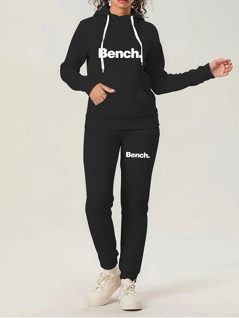 Completo con cappuccio e stampa di lettere da donna, felpa a maniche lunghe e pantaloni con elastico in vita_voghion.com