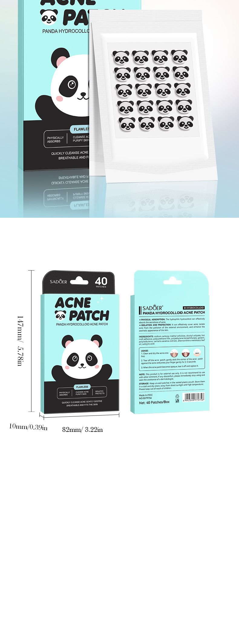 40 Patches Unsichtbares und schönes Panda-Hydrokolloid-Akne-Pflaster_voghion.com