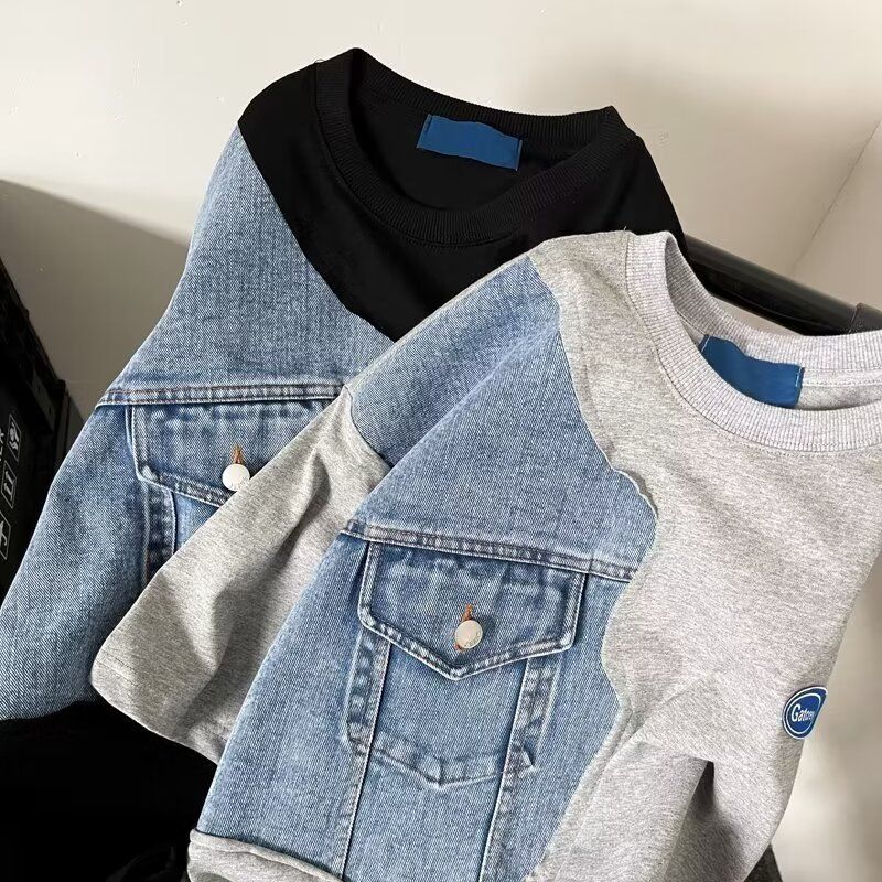 Męska odzież retro denim patchwork design krótki rękaw T-shirt dla mężczyzn w wersji letniej luźny swobodny uniwersalny T-shirt_voghion.com