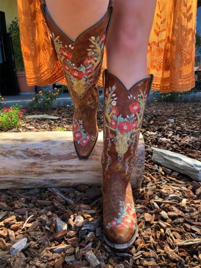 【Vorverkauf | Versand in 15 Tagen】Damen-Westernstiefel in Übergröße mit Stickerei, klobigem Absatz und farblich passenden Übergrößenstiefeln_voghion.com