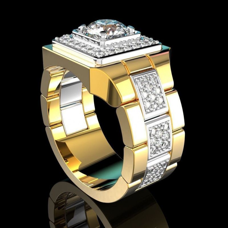 New Style Simulated Moissanite Watch Men's Ring Two-Tone Plated Engagement Band_voghion.com
