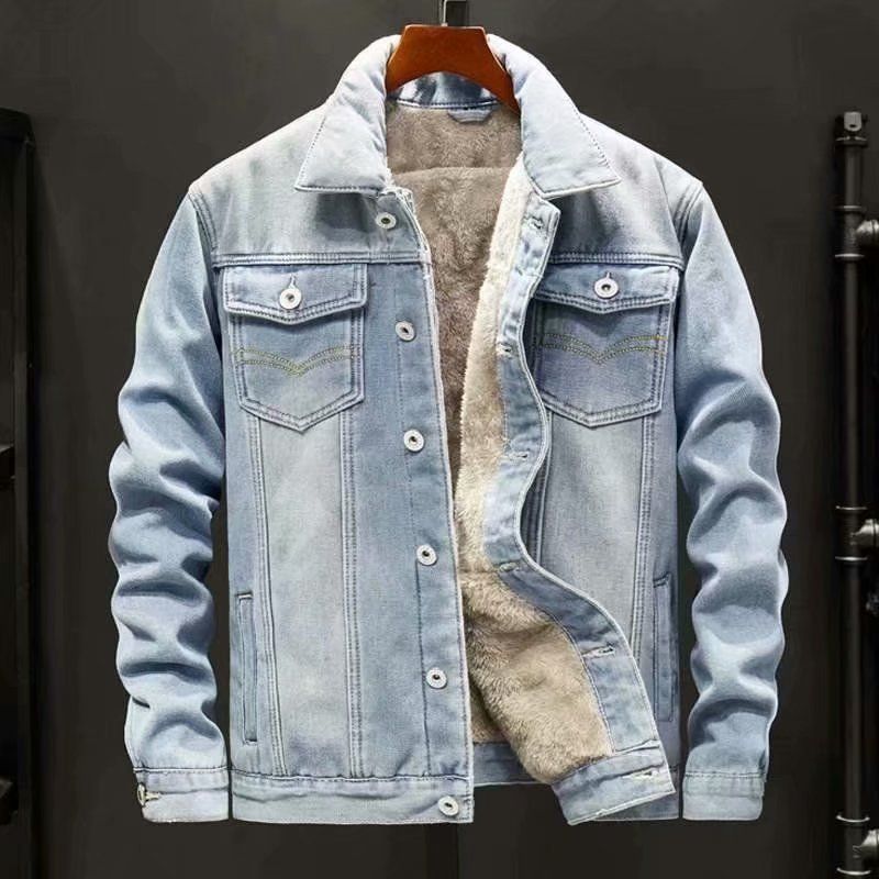 Winter-Jeansjacke mit Fleecefutter für Herren – Locker sitzender Arbeitsmantel mit mehreren Taschen, dicker, warmer Freizeit-Streetwear (Dunkelblau/Hellblau)_voghion.com